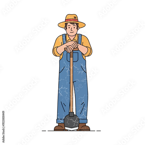 Farmer with shovel illustration, rural work, agricultural lifestyle
