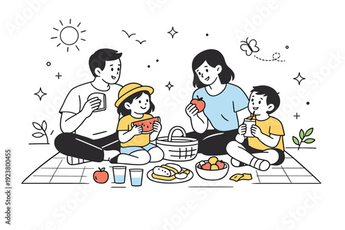 Family picnic in spring. Clean editorial illustration of parents and children sitting on a blanket with simple food items, enjoying time together in a park.
