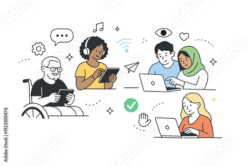 Inclusive user testing. Diverse participants interacting with a digital prototype on tablets and laptops, subtle floating icons and abstract shapes emphasizing