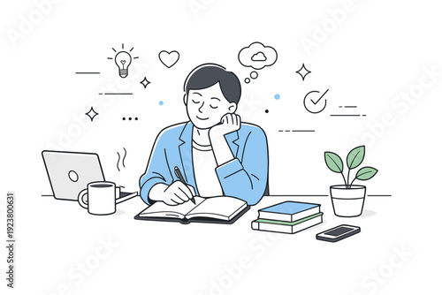 Work journaling for reflection. Professional pausing work to write personal insights, thoughtful expression and relaxed posture. Emotional balance and mental