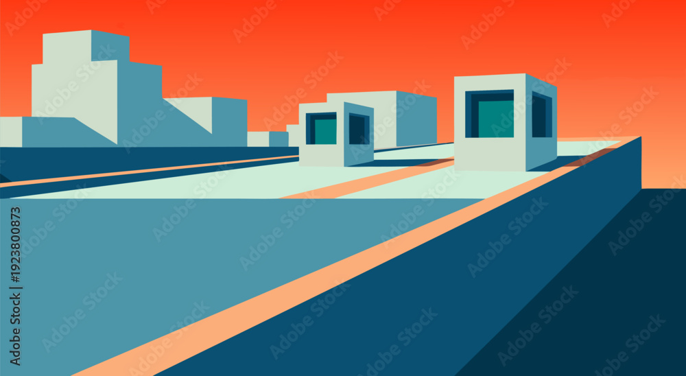 Naklejka premium Stylized Vector Cityscape Illustration at Sunset with Abstract Orange and Blue Architecture