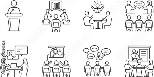 Set of hand drawn vector illustrations depicting various education and communication scenarios