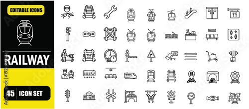 Railway Outline Icons Set – Editable Stroke Linear Train and Rail Transport Icon Collection for Metro, Station, Logistics and Transportation Vector Illustration