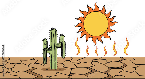 A cartoon cactus stands on dry, cracked earth under a bright sun with heat waves rising in a desert landscape with extreme weather conditions.