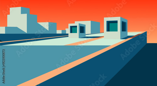 Stylized Vector Cityscape Illustration at Sunset with Abstract Orange and Blue Architecture