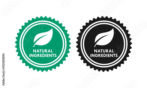 Circular green natural ingredients logo featuring a leaf icon, perfect for organic products, eco-friendly branding, and healthy food labels. Vector isolated on white.