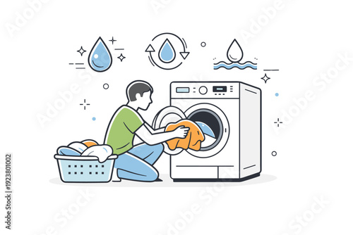 Water-saving technology in use. A person loading laundry into a high-efficiency washer, abstract floating icons of water cycles and droplets