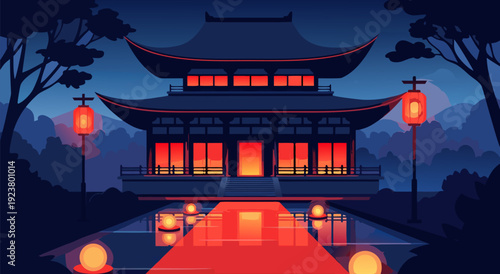 Serene Chinese Temple at Dusk with Vibrant Red Glow and Curved Roof Architecture in Digital Illustration Style