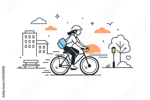 Urban cycling daily commute moments. Evening ride home with soft sunset light, cyclist moving past buildings and trees, sense of completion