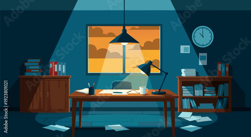Cluttered Office Desk and Chair in Vector Illustration with Spotlight and Chaotic Workspace