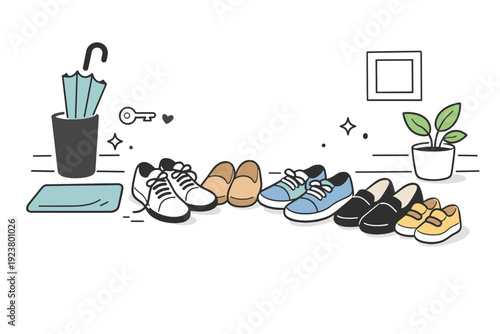 Shoes by entrances. Several pairs of shoes arranged casually near an entryway, slightly mismatched and relaxed. Shared domestic space and