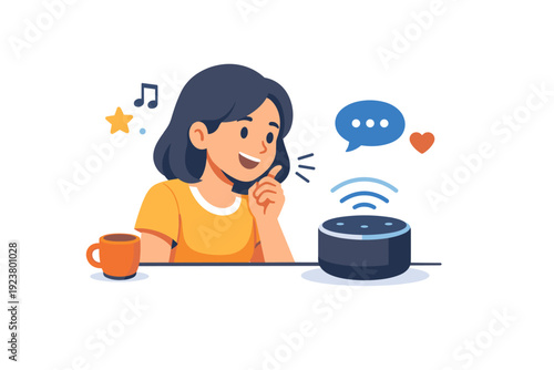 Smart Speaker Interaction. Using a smart speaker shown through a single character casually speaking toward a small speaker device, emphasizing natural voice