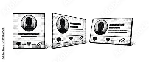 Social media profile cards with icons for likes, comments, and shares