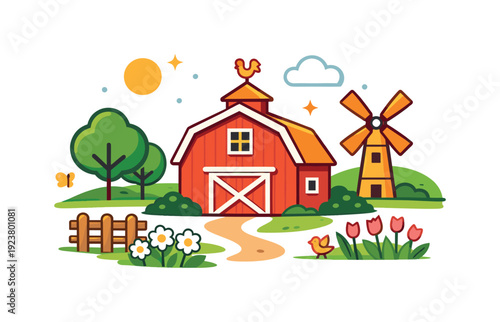 Charming cartoon farm scene with red barn, windmill, and colorful flowers under a sunny sky