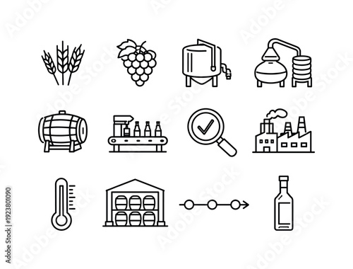Collection of line art icons representing the beverage production process from raw materials to bottling