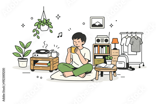 Budget-friendly lifestyles. Minimal living space with secondhand furniture, plants, and a person enjoying a quiet moment. Comfort and warmth