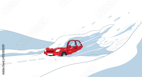 A red car drives on a snowy road during extreme winter weather conditions with snow drifts on both sides of the road.