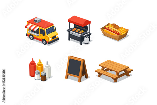 Street food fair. Isometric flat vector icons set of street food fair: food truck, grill station, paper food boat, condiment bottles set,