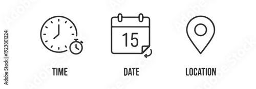 Time, date and location editable stroke outline icons set isolated on white background flat vector illustration.