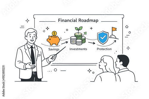 Wealth management services. A friendly advisor presenting a clear financial roadmap with icons of savings, investments and protection,
