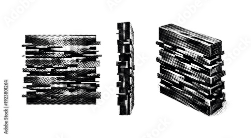 Abstract geometric composition with stacked rectangular blocks in a halftone dot pattern