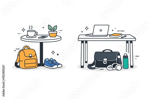 Bags resting on floors in cafes or offices. Personal items sit close to tables or desks, quietly occupying shared space. Everyday coexistence