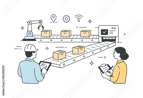 Automated factory production line with robotic arm and workers overseeing the process