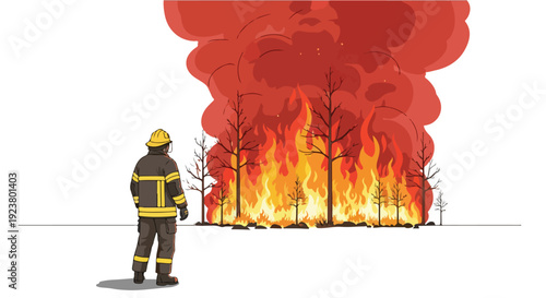 A firefighter in full gear observes a large forest fire with intense flames and smoke during extreme weather conditions.