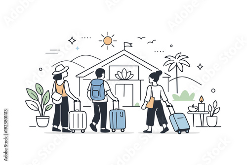 Serene Wellness Retreat. Wellness travel and retreats. Travelers arriving at a serene retreat with luggage and plants around. Peaceful beginning of a