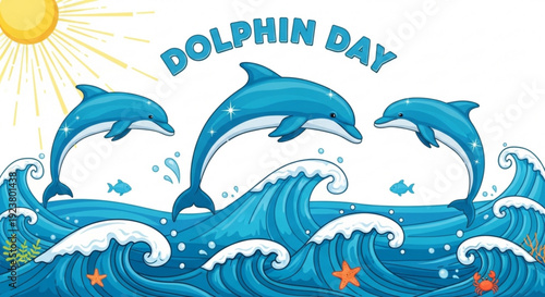 Three playful dolphins jumping in ocean waves on sunny dolphin day with sea stars and fish
