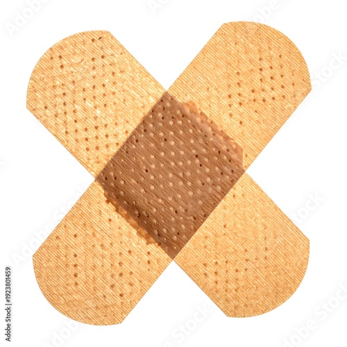 Two tan adhesive bandages crossed form an X shape, on white background