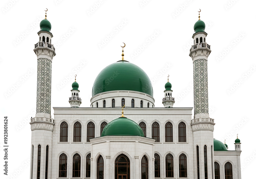 Obraz premium Frontal view of a white mosque with green domes and minarets standing tall against a clear sky