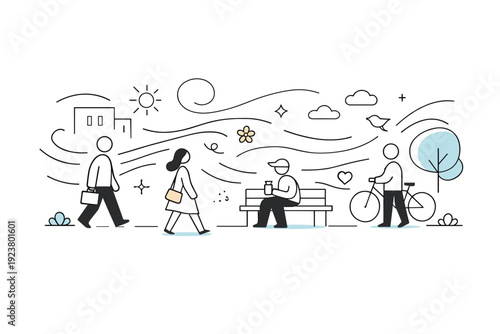 Spring smells in city air. Abstract city scene with people reduced to simple shapes, soft lines drifting through the space to suggest scent and breeze.