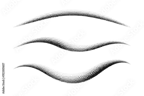 Curved dotted border line A gently curved dotted border line depicted in front view, side view, and three-quarter view as a single object set. Black and white