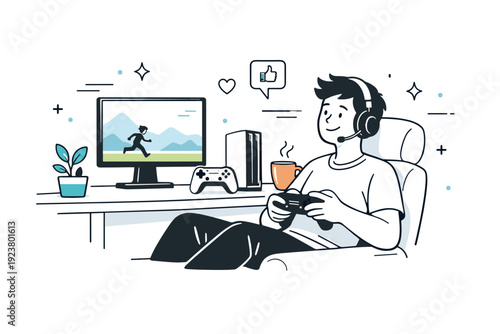 Gaming lifestyle. Calm editorial scene with a gamer sitting comfortably at a desk, minimalist setup with console and screen, relaxed mood expressing focus and