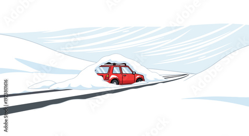 A red car is stranded on a snow-covered road amidst extreme winter weather conditions with heavy snowfall and a serene landscape.
