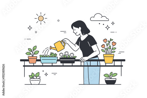 Balcony garden themes. A person gently waters plants arranged in pots along a small balcony railing, creating a calm urban green corner. The