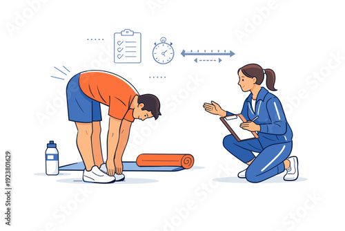Athlete flexibility assessments. A calm editorial scene of an athlete performing a forward bend while a coach observes posture and range of motion. Focus,