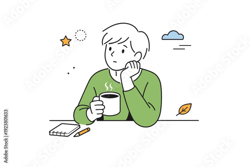 People lost in thought. Individual holding a coffee cup, staring at nothing in particular. Small everyday pause, inner dialogue and quiet mood. Minimalist flat