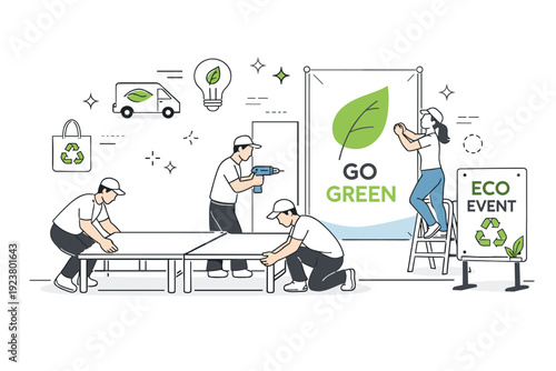 Eco-friendly stage setup. Crew members assembling modular stage elements and reusable signage, showing preparation with minimal waste. Clean gestures and open