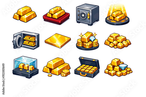 Luxury Gold. Colorful isometric vector icons set of Luxury Gold: premium gold bars, glossy ingots, velvet display tray, luxury safe, spotlighted gold stack,