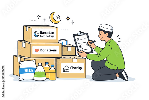 Ramadan community donation packing ? labeling and final checks. A neat scene with a person attaching labels or checking a checklist on packed boxes, sense of