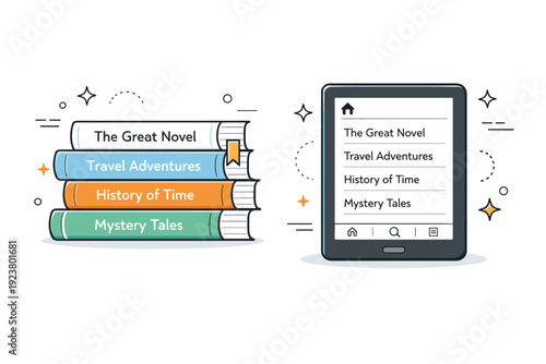Analog meets digital contrast. Stack of physical books next to an e-reader with matching titles displayed. Parallel reading worlds bridging different eras.