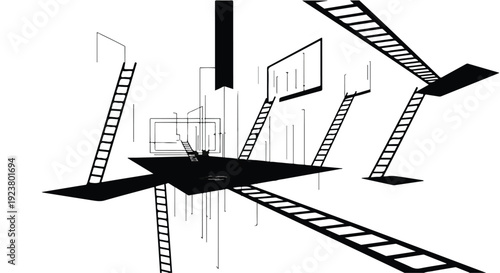 black and white illustration of film strips and ladders