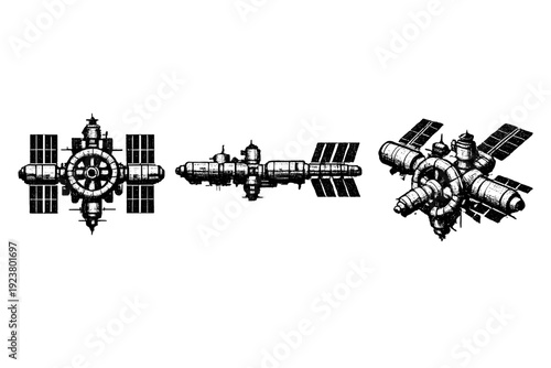 Black and white halftone planet and space art space station A modular space station is illustrated as one object shown from three different views: front view,