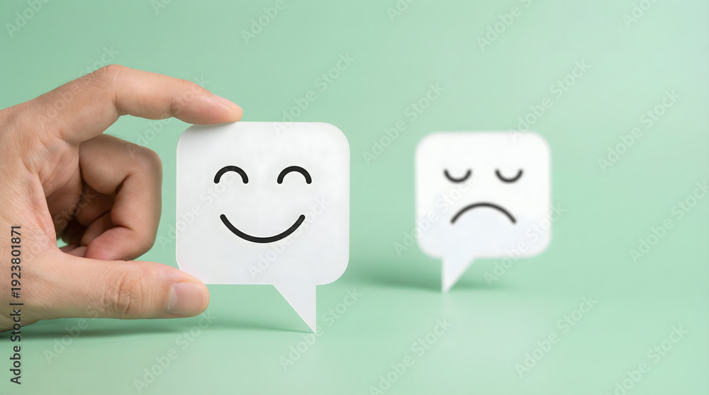 Obraz premium Hand holding happy face bubble, sad face bubble in background, customer feedback concept