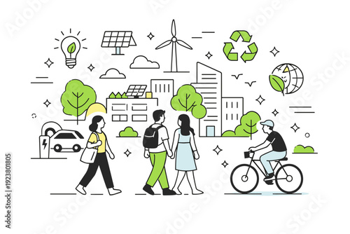 Eco innovation. People walking through a clean green city concept with eco-friendly buildings, trees, and soft tech symbols around. The mood