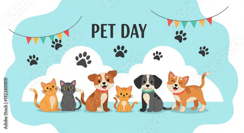 Colorful illustration of pets and animals celebrating pet day with banners and paw prints