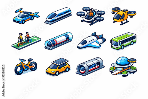 Future Transportation. Colorful isometric vector icons set of Future Transportation: flying car, magnetic levitation train, personal drone ride, electric