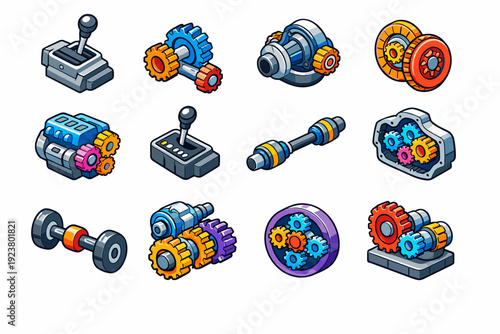 Automotive Gears. Colorful isometric vector icons set of automotive gears: car gearbox, transmission gears, differential gear, clutch gear
